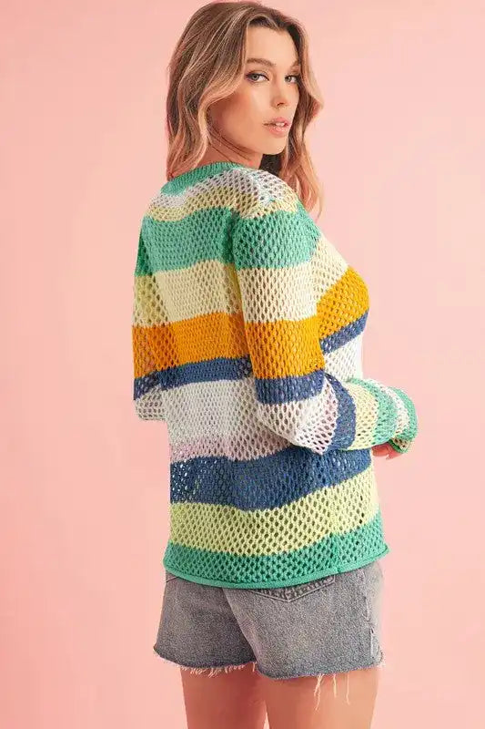 Colorblock Striped Hollow Knitted Top