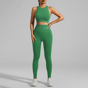 Woman in tight-fitting breathable yoga set doing a yoga stretch
