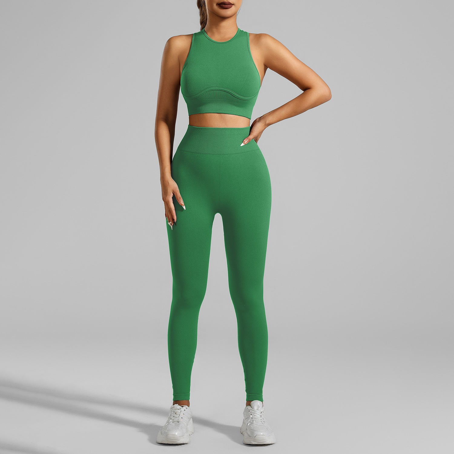 Woman in tight-fitting breathable yoga set doing a yoga stretch