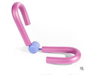 A thigh master-style exercise equipment with , pink foam-covered metal loops connected by a central blue cylindrical spring hinge 