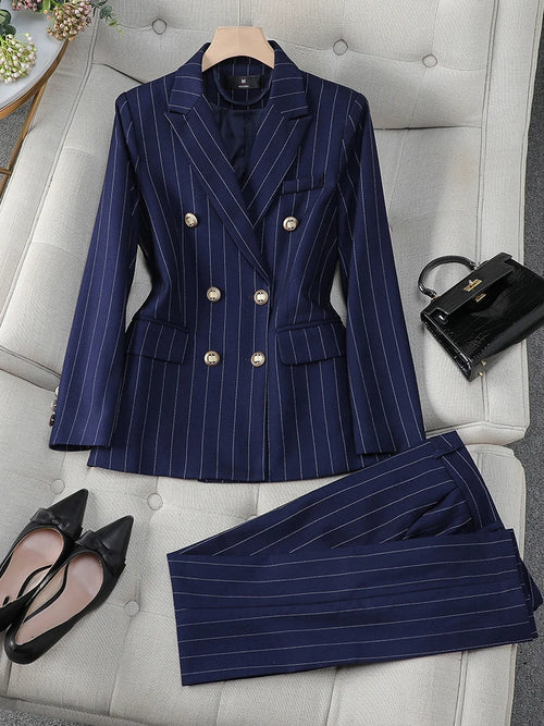 Fashion Autumn Winter Ladies Pant Suit Women Blue Striped Female