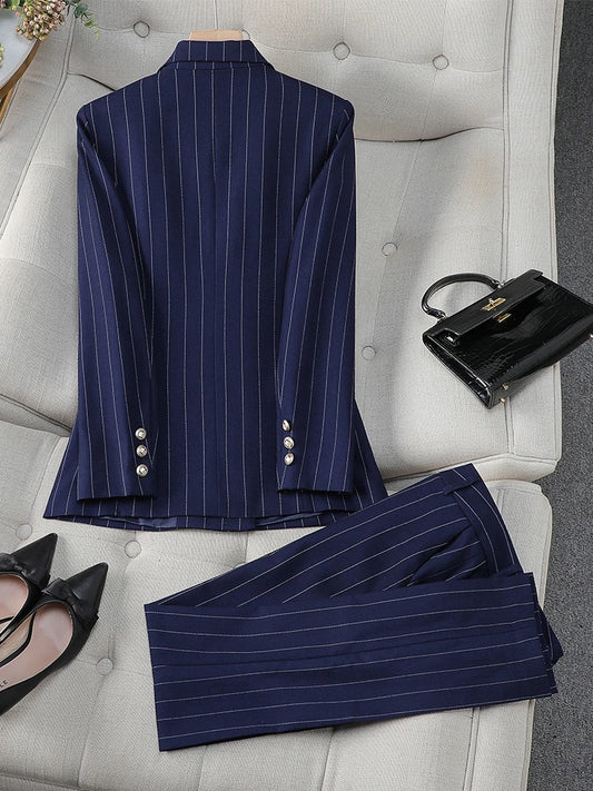 Fashion Autumn Winter Ladies Pant Suit Women Blue Striped Female